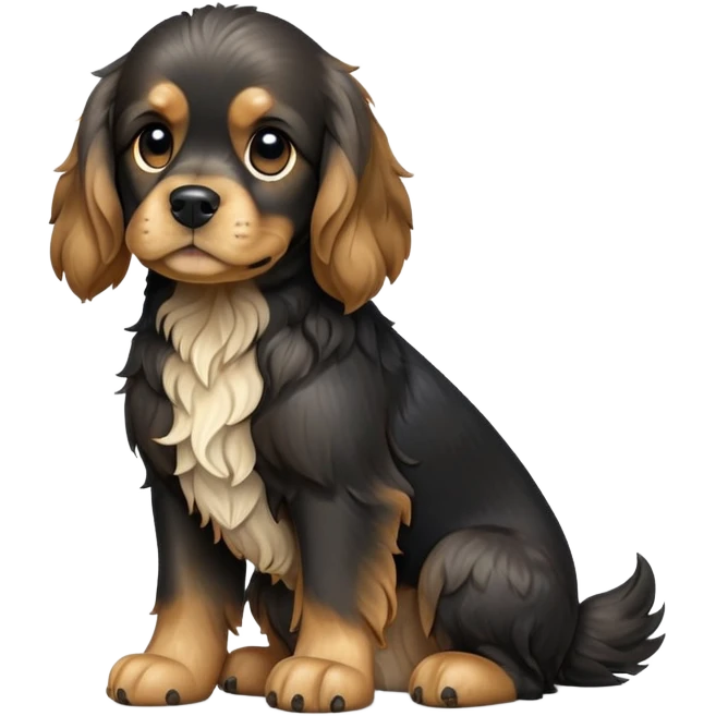 cinematic-[cocker spaniel dog]-realistic-full-body-sitting-emoji,-tail-resting-loosely-beside-its-paws,-head-tilted-dramatically,-scruffy-[black]-fur,-simplified-yet-realistic-focused-features,-highly-detailed,-glowing-with-an-almost-sarcastic-glow emoji