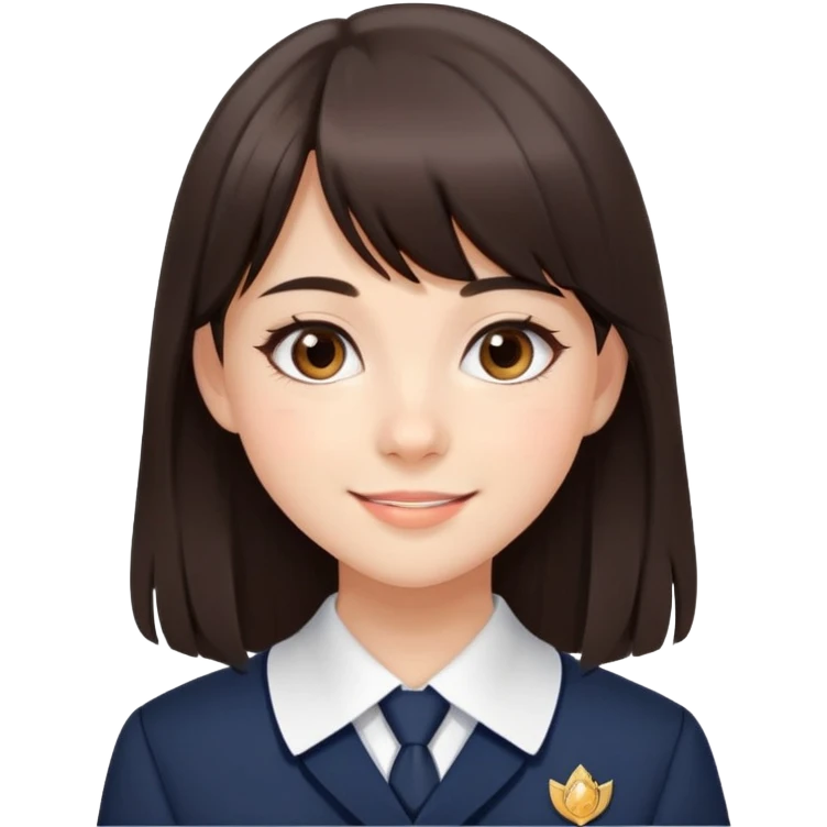 Pretty student with dark brown bangs and long straight hair, elegant school uniform, natural makeup, charming smile emoji