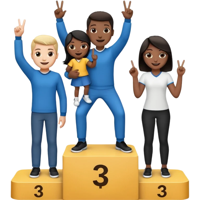 three casually dressed people on a winners podium with the center step higher, black and white, no numbers, center person holding up one finger on each hand, cheerful expressive emoji style emoji