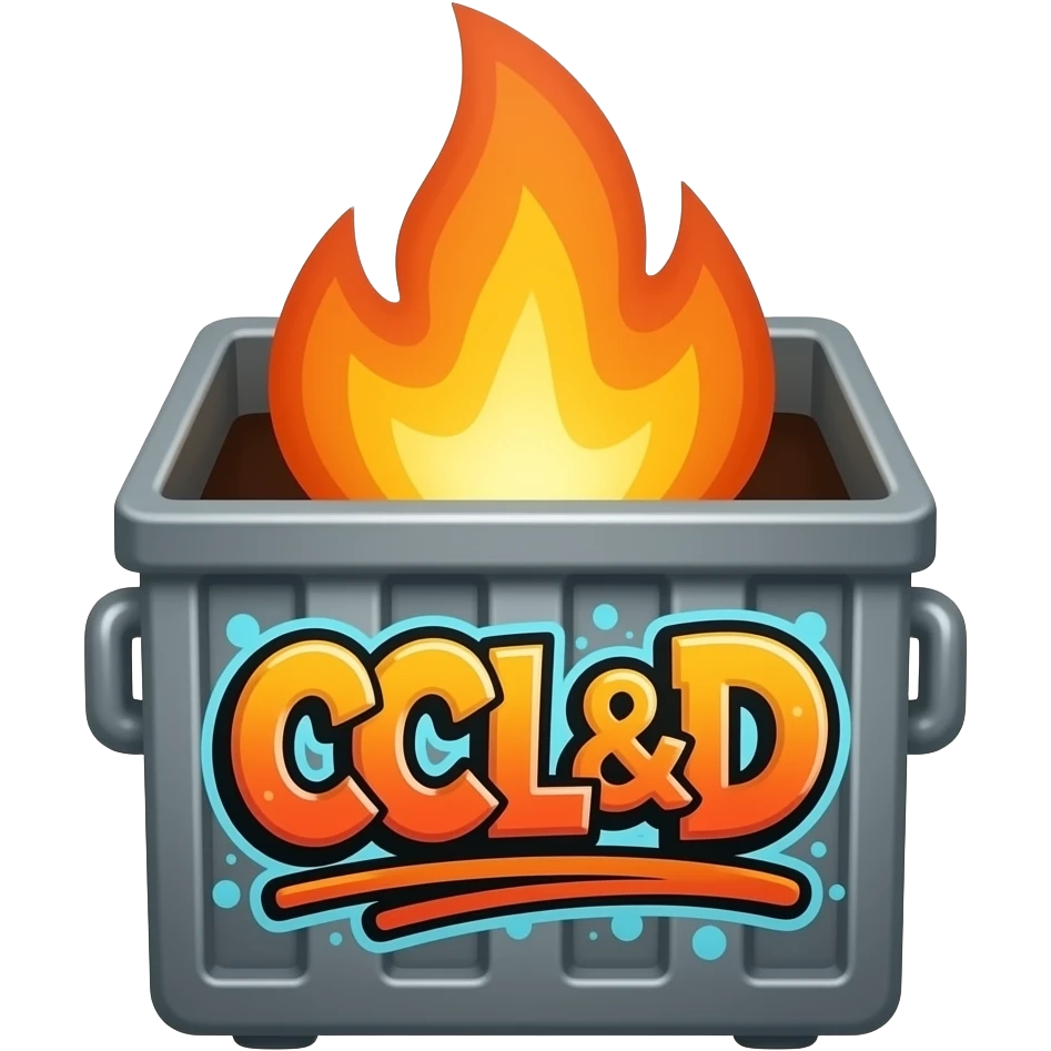 a cute dumpster fire with the words CC L&D on the front emoji