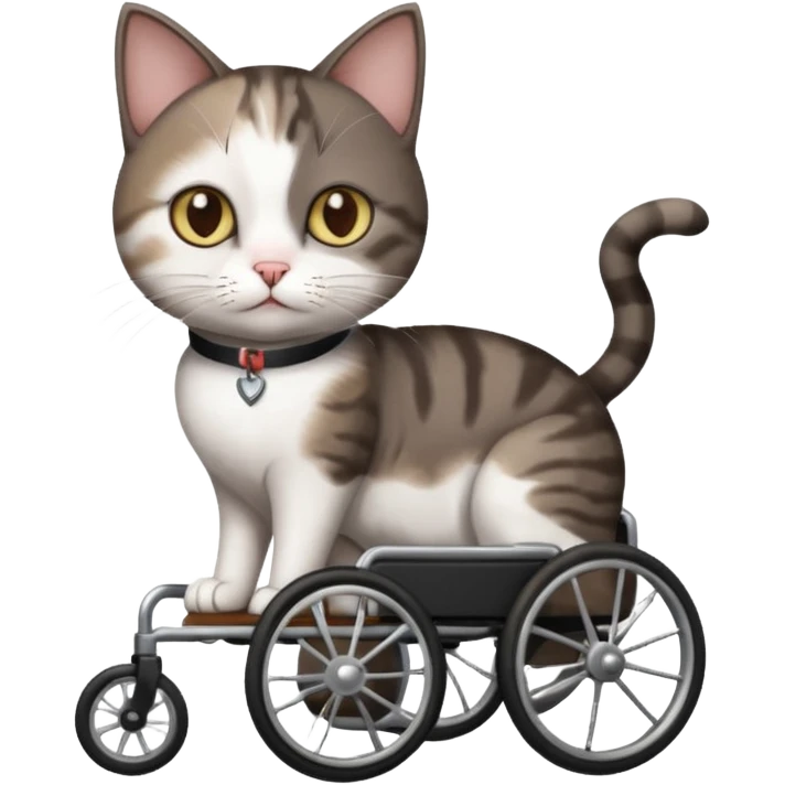 full body small short hair dark brown and white cat with hazel eyes walking in a wheelchair for cats emoji
