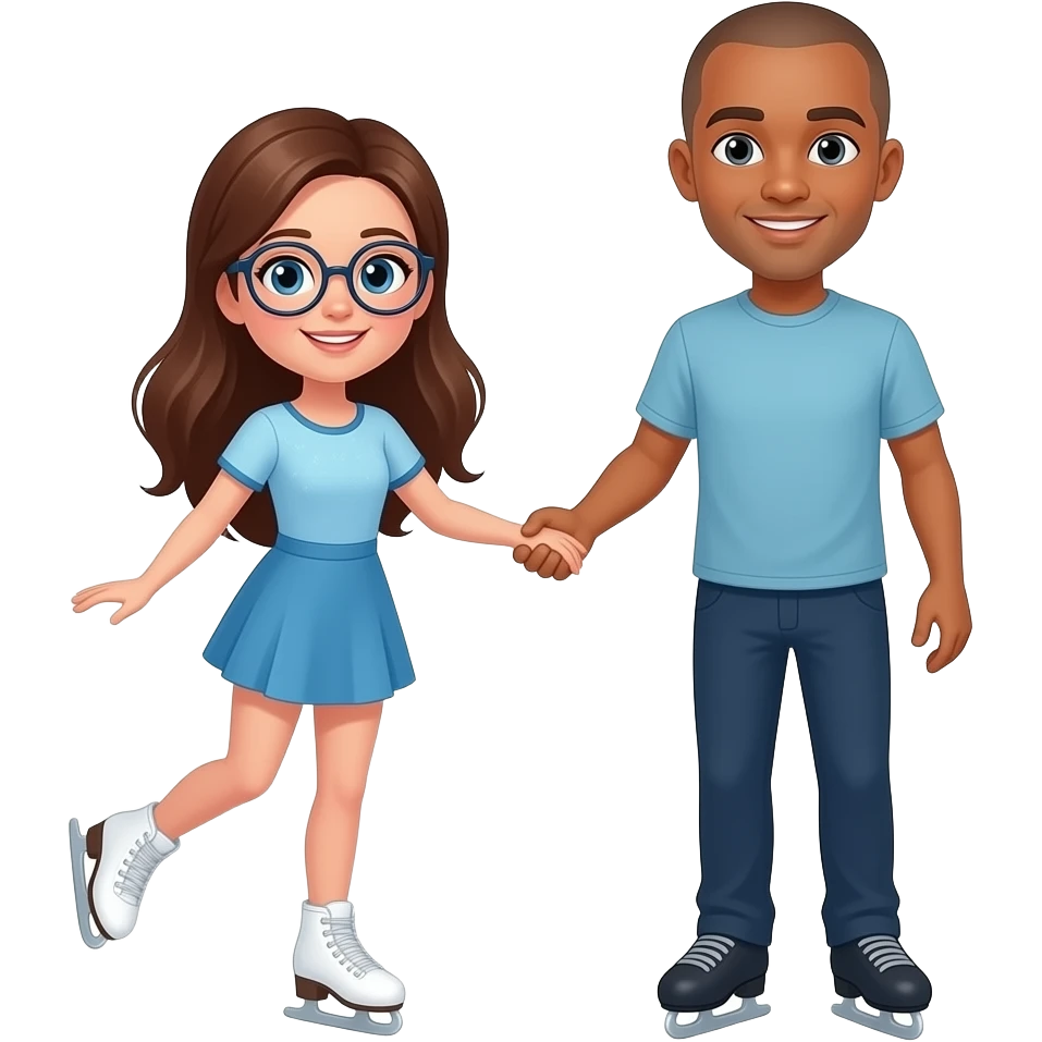 white skin brown long haired girl with glasses ice skating with a tan guy with a shaved head emoji