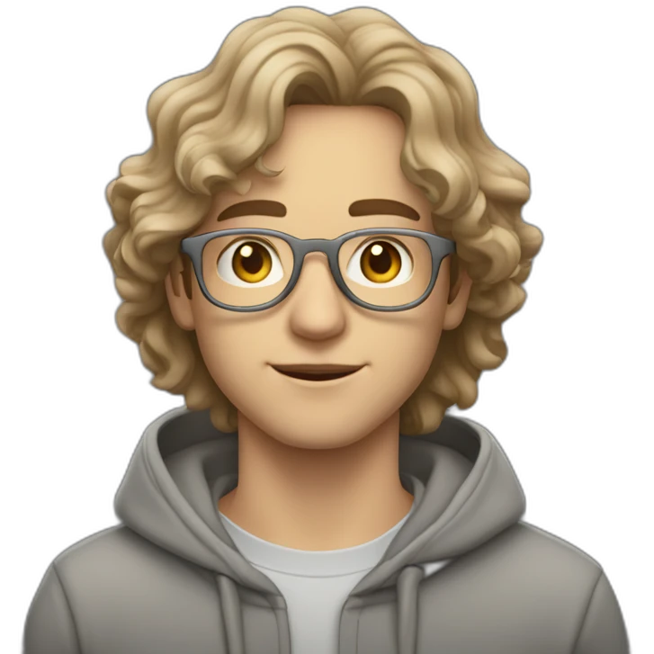 young white guy with middle long wavy hair and a fade in light brown color and rounded silver glasses with a grey hoodie on emoji