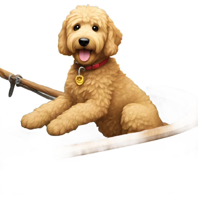 Golden doodle driving a boat emoji