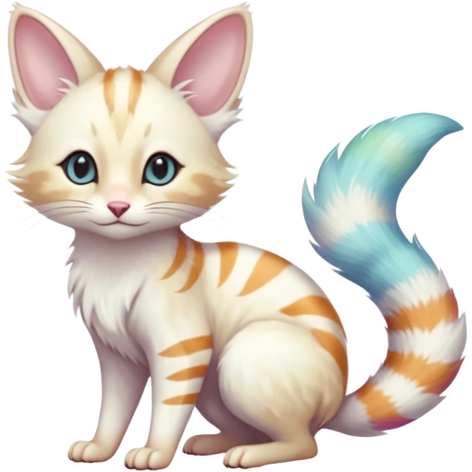  cute adorable white albino fur with random colorful iridescent markings beautiful elegant pretty precious cute  Fakémon-Pokémon-alien-opossum-feline-serval-caracal-chinchilla-Minccino-hybrid-creature with a big fluffy bushy striped tail (full body) emoji