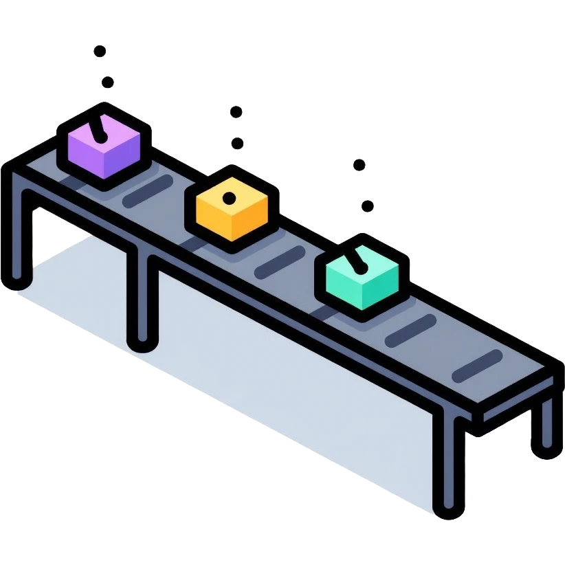 Simple assembly line with small blocks moving on a conveyor belt, symbolizing a repeatable system or process emoji