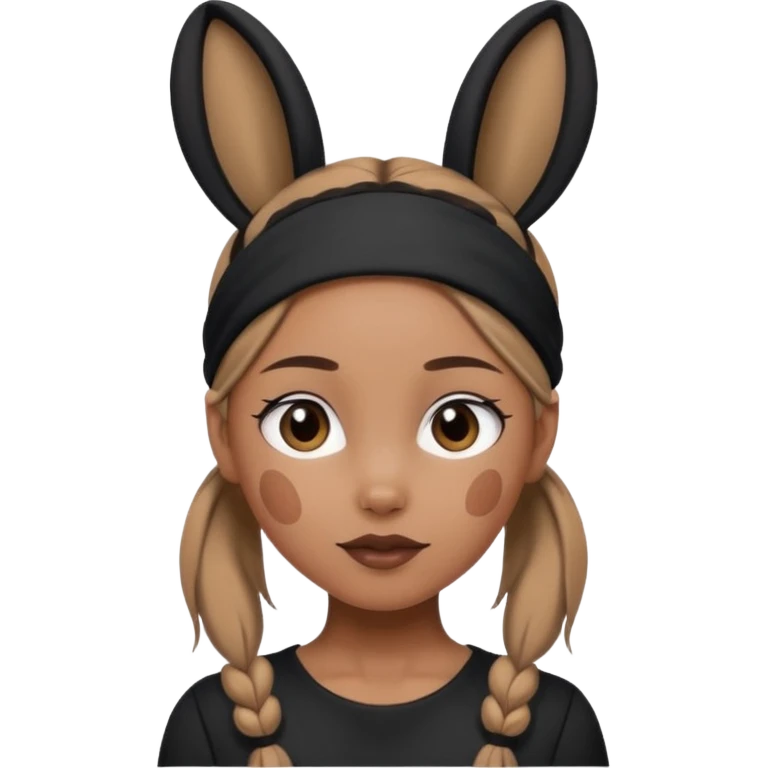 "A tan-skinned person with a high brown ponytail wearing a headband with black bunny ears. The character is dressed in a stylish black outfit. The emoji style should be cute, expressive, and modern — simple but detailed enough to show the ponytail, bunny ears, and outfit clearly." emoji