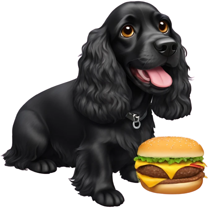 Black cocker spaniel eating a cheeseburger emoji