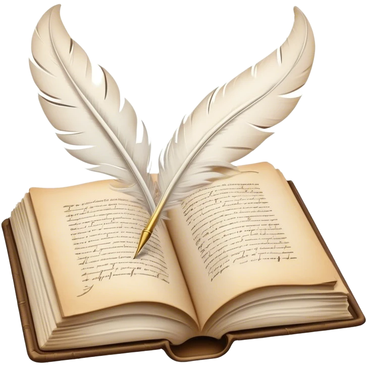 Create a poetic and elegant emoji representing poetry. The design should feature several vintage, gracefully flying pages with short, poetic columns written on them. A white feather quill should be depicted writing on one of the pages, with ink flowing smoothly. The pages should have a soft, antique look, with subtle details to convey the delicate nature of poetry. Use soft, light colors with a romantic, airy feel. Make the background transparent. emoji