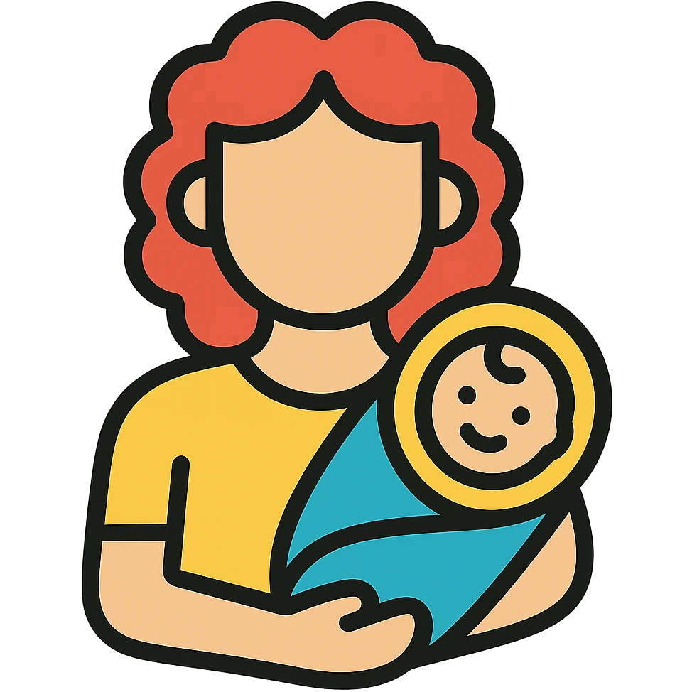 Woman with curly red hair holding a baby, wearing yellow clothing, color outline style, no background. emoji