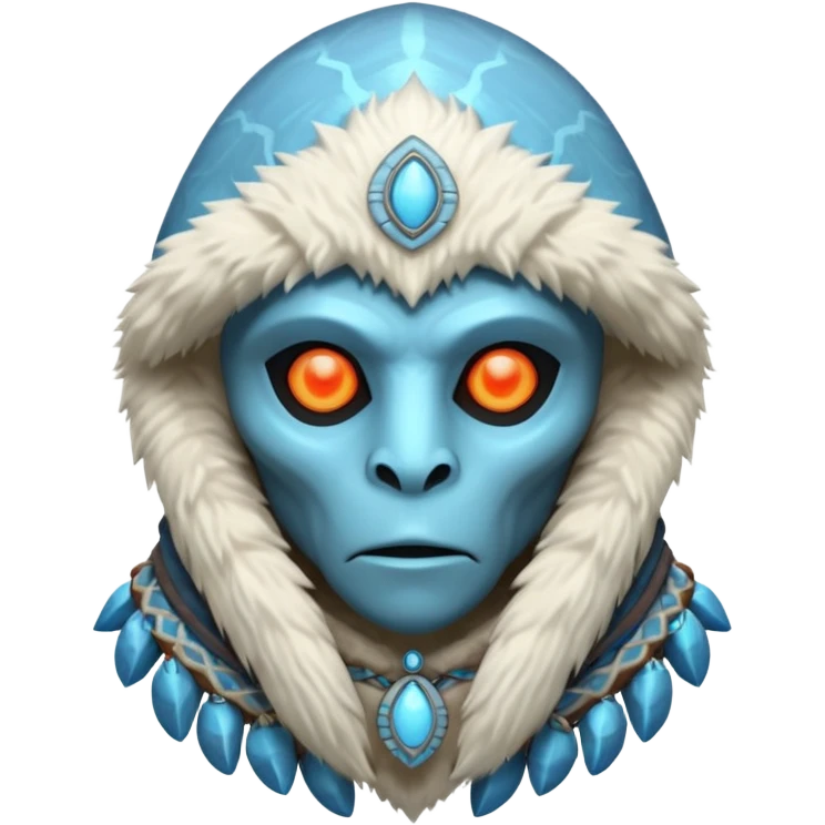 ancient arctic alien shaman portrait, head and shoulders only, Inuit-inspired fur hood, carved bone ornaments, glowing cosmic eyes, icy alien skin, spiritual sci-fi vibe, 3D cartoon, mobile game icon style, clean background, no text, no watermark


 emoji