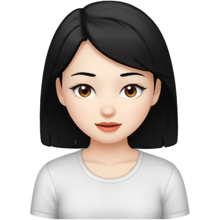 a girl with white skin, black hair, brown eyes, and a white shirt, winking emoji