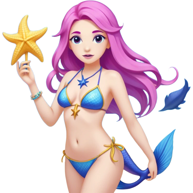 Yellow-toned upper body and a blue fish tail. She has long, flowing pink and purple hair adorned with a blue starfish accessory. She wears a light-colored seashell bikini top and holds a golden trident in one hand. Her expression is confident and friendly. The background is transparent emoji
