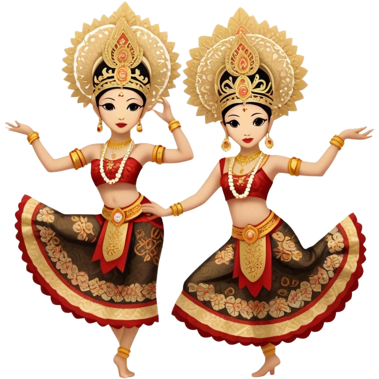 ​Cinematic Realistic Traditional Javanese Dancers, depicted as two graceful dancers in ornate traditional costumes with intricate batik patterns and elaborate headpieces, captured in dynamic poses during a ritual dance in an ancient temple courtyard, rendered with soft golden lighting and rich cultural textures, emoji