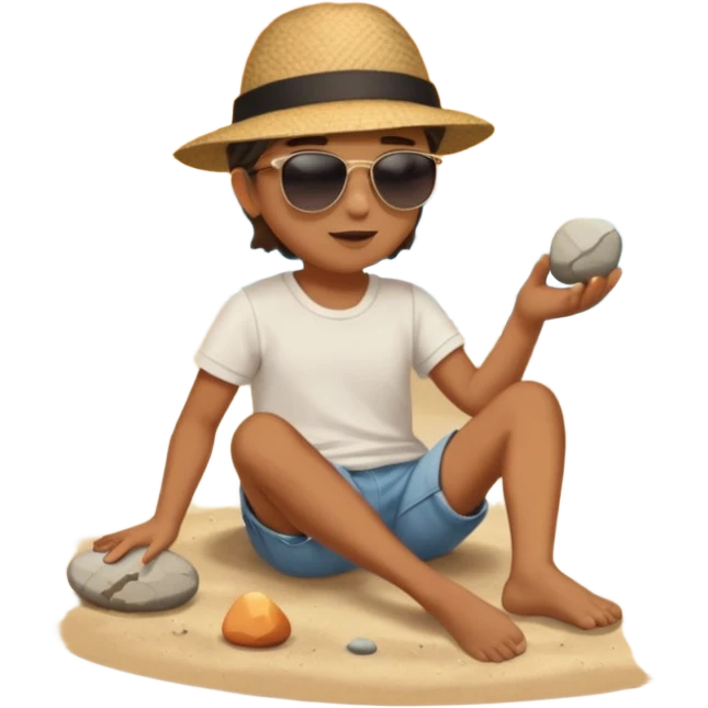 Someone sitting on the ground in the Beach close to the water and throws stone at the water and it's a sunset emoji