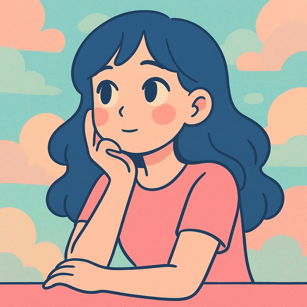 a beautiful girl thinking, dreamy atmosphere, pastel colors, gentle expression, anime-inspired style emoji