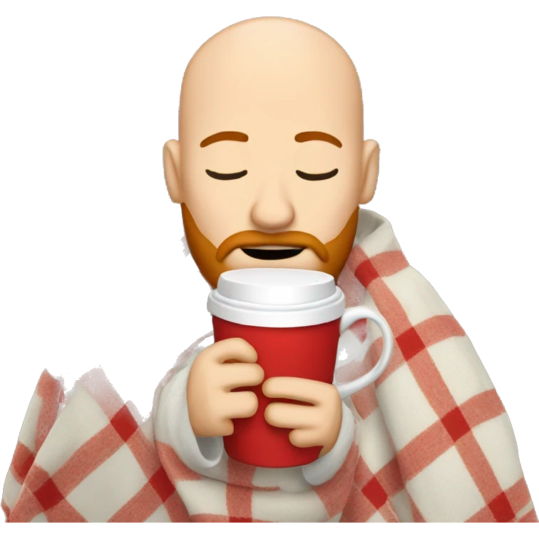 Bald man inside blanket with red beard and mustache with eyes closed sipping coffee emoji