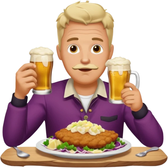 German man eating schnitzel, potato salad, red cabbage, sauerkraut, and beer emoji