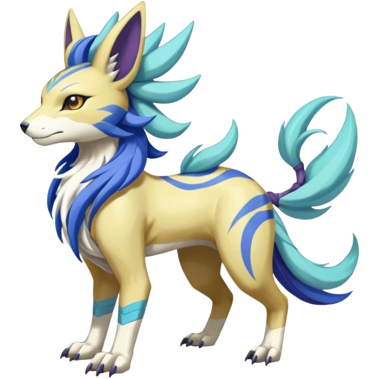 Colorful Skilled Adept Graceful Asian Painted WereGarurumon-Suicune-Linoone-Meloetta-Renamon-fusion-hybrid-creature (full body) emoji