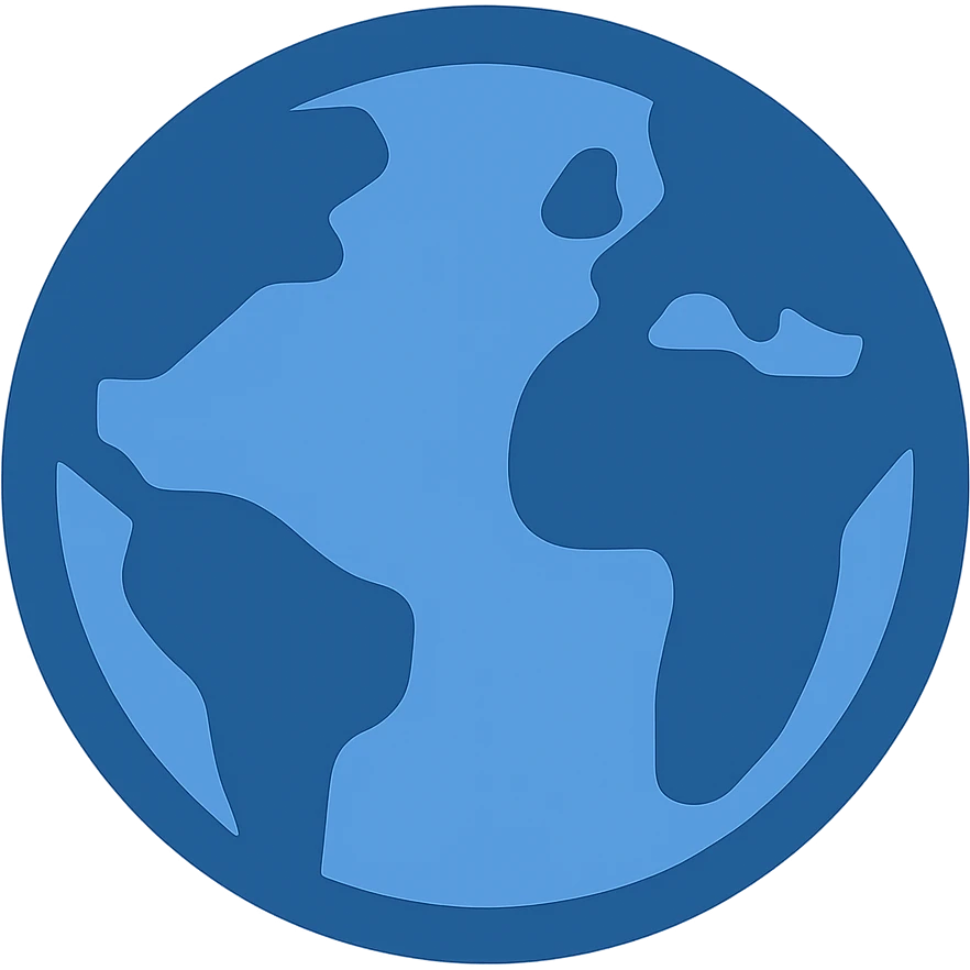 Create a minimalistic, flat blue style globe icon consistent with previous icons. Use almost exclusively shades of blue with clean lines and minimal use of other colors. The globe should be simple, stylized, clear, and recognizable, with a fully transparent background, prioritizing clarity and consistency with the other icons. emoji