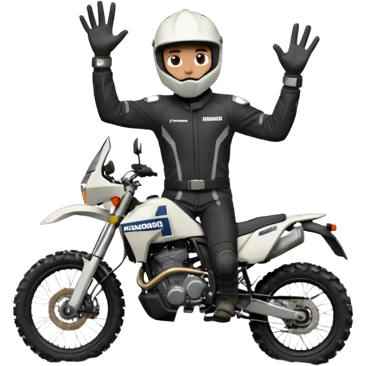 MALE WITH WHITE HELMET AND BLACK CLOTHES on a adventure motorcycle Norden 901 from husqvarna wheeling )wide the front wheel on air) getting of a mud pool and with one hand up doing the handsignal ok. emoji