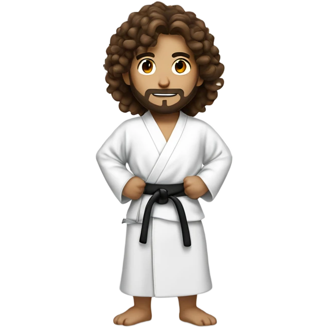 young sensei with brown long curly hair that's facing upwards and beard wearing a white robe and holding martial arts equipment emoji