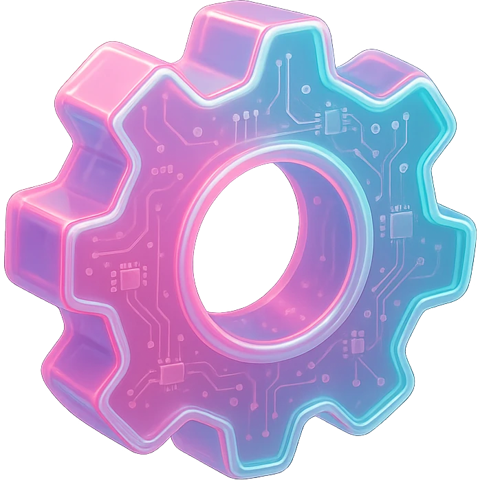 glossy, soft-edged Discord-style icon of a gear (settings), vibrant pink and aqua with smooth gradients, neon highlights, slight glow, transparent background, modern and techy, optimized for Discord UI emoji