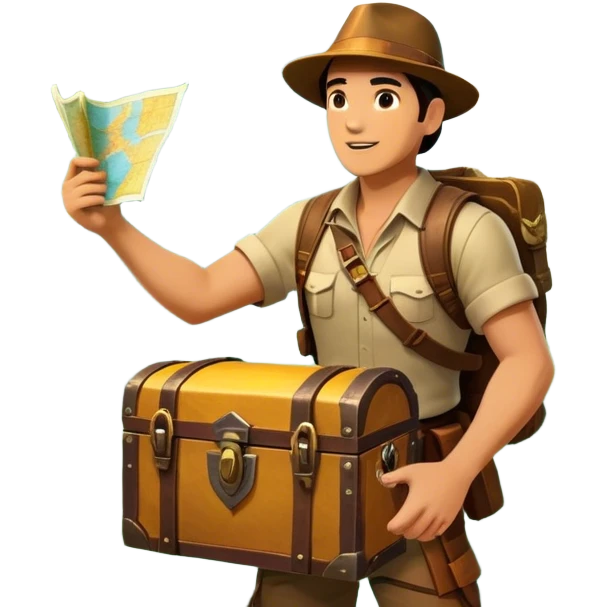 Icon for Adventure Movie: A vibrant, cinematic poster-style design featuring an action-packed scene. Include an adventurer with a map, a treasure chest, a jungle background, a towering mountain, and ancient ruins. Bright colors, bold typography, and an exciting atmosphere. Transparent background. emoji