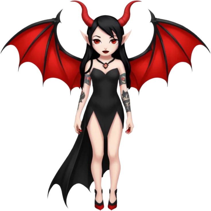 Full red-skin demon girl (entire body red), long black hair, small red horns, pointed ears, single bat wing, black open-back dress, bold tattoo-flash comic linework, red/black/gray, dark background, no text. emoji