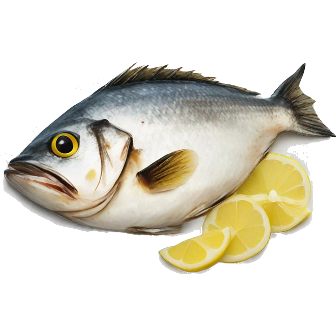 Realistic plated grilled fish on plate with lemon emoji
