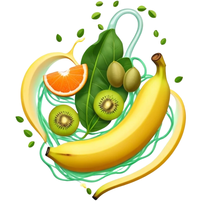 Golden banana, bright green spinach, salmon, kiwi, pistachios, and orange juice floating around a glowing nervous system and heart. Electrical waves connect these potassium-rich foods to nerves, heart and muscles, showing how they support electrical stability in the body. emoji