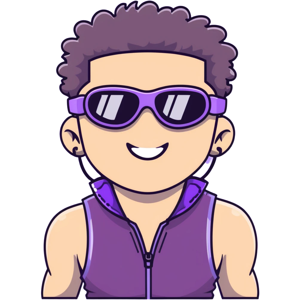 close-up of cool guy male athlete with white skin and moderately curly dark brown hair on top with shaved sides, wearing ski goggles with purple frames and very dark black lenses, winking behind the goggles, with an open mouth confident smile like a cool guy, a simple plain black chain necklace, and a completely unzipped sleeveless vest with purple and black sequin fire pattern design with no logo emoji