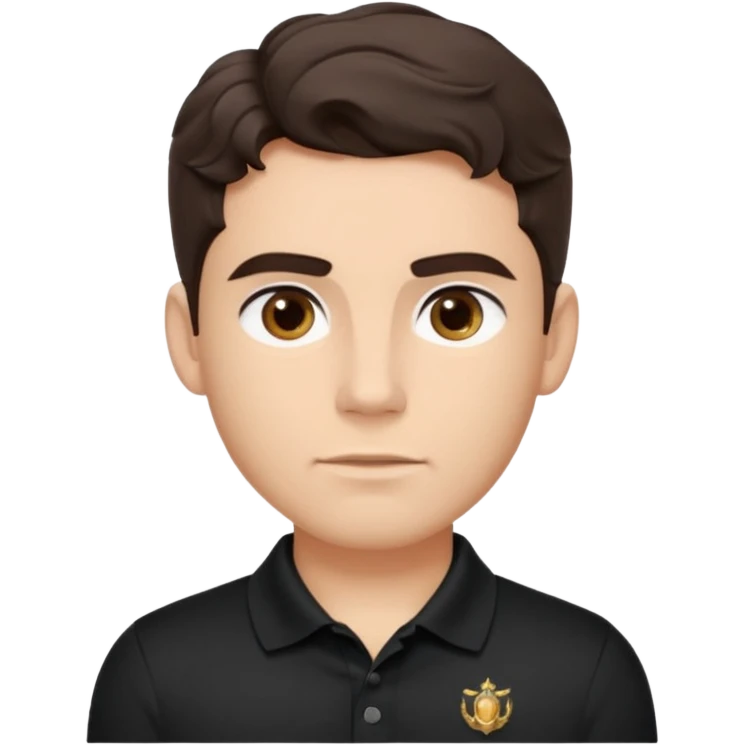 He’s a man with light to medium skin, a defined oval face, full brows, deep-set eyes, and wavy short dark brown tall hair styled with height, sides are trimmed. muscular. expression calm and focused relaxed black polo shirt. polished, articulate, and coach vibe. personal development.  emoji