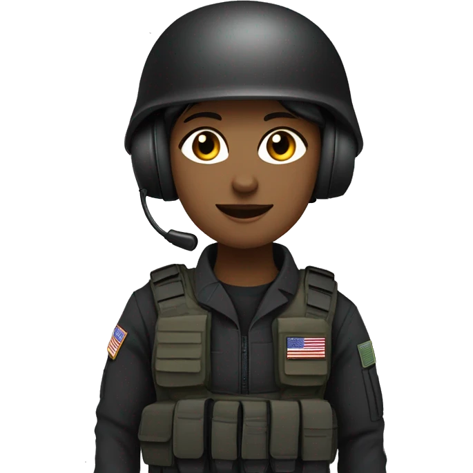 Military operator dressed in black with a helmet, without glasses, wearing a headset, ready to respond to alerts, preferably female emoji