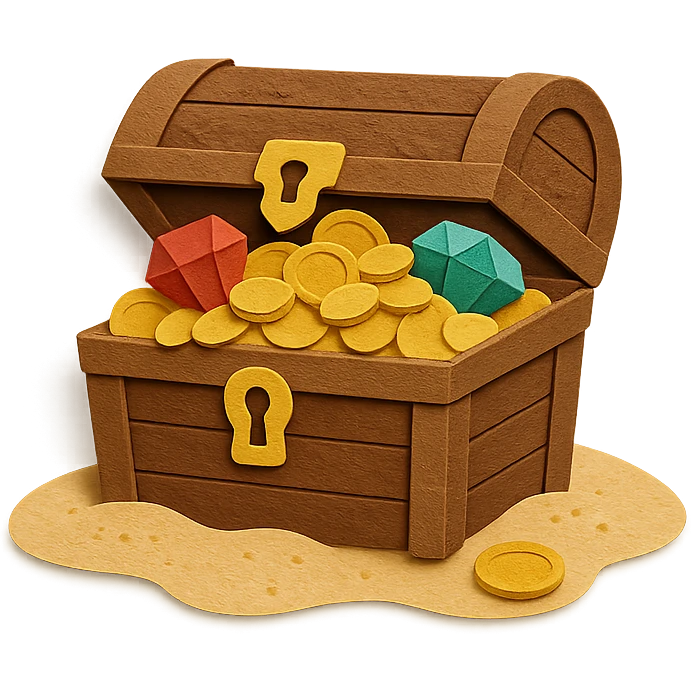 illustration of a treasure chest overflowing with gold coins and jewels on a sandy beach in paper-craft style emoji