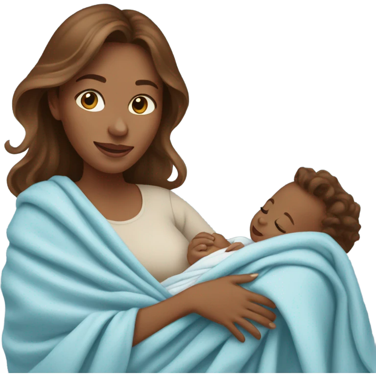 light brown woman with long wavy brown hair holding newborn baby boy with light blue blanket  emoji
