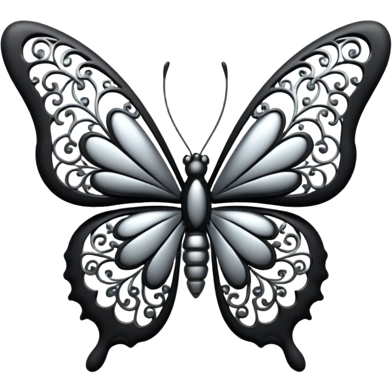 Black and silver filigree butterfly, 3D, extremely detailed design emoji