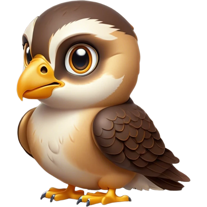 Cinematic Cute Falcon Portrait Emoji, Head tilted playfully and inquisitively, featuring a sleek, agile form with a delicately curved beak and round, sparkling eyes full of spirited charm, Simplified yet irresistibly adorable features, highly detailed, glowing with a warm, inviting glow, high shine, affectionate and lively, stylized with a touch of whimsical aerial grace, soft glowing outline, capturing the essence of a mischievous yet endearing falcon that seems as if it could dart out of the screen into your heart! emoji