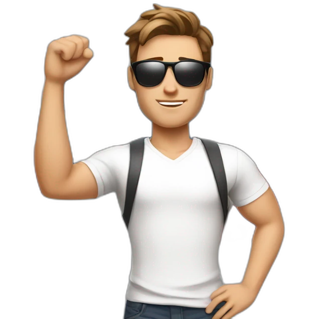 A young fit man with a white shirt and sunglasses on his hair with brown hair and a French flag in his hand emoji
