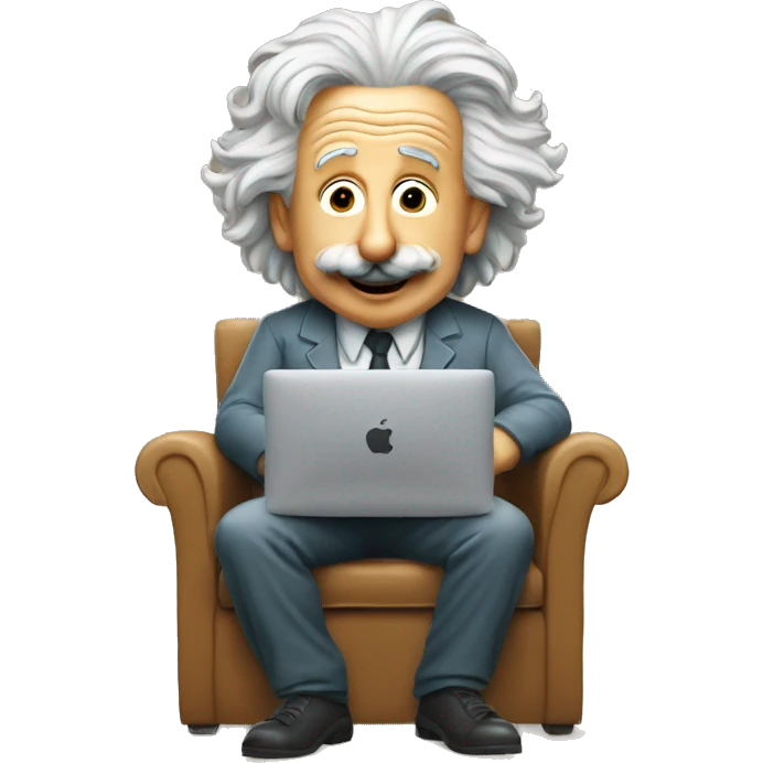 albert einstein happy sitting in the chair with apple macbook emoji