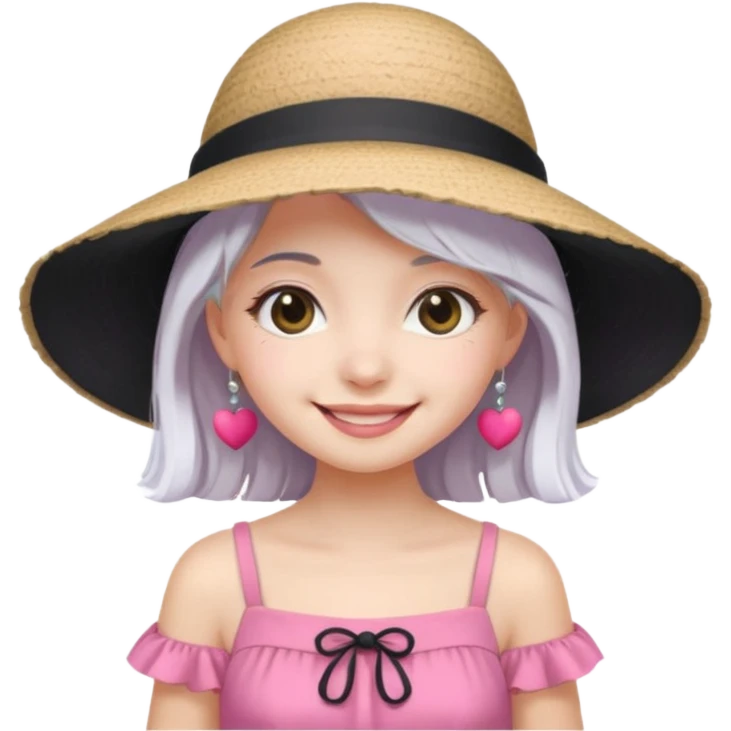 Girl in pink dress and sunhat smiling, black 2 string dress, white hair emoji