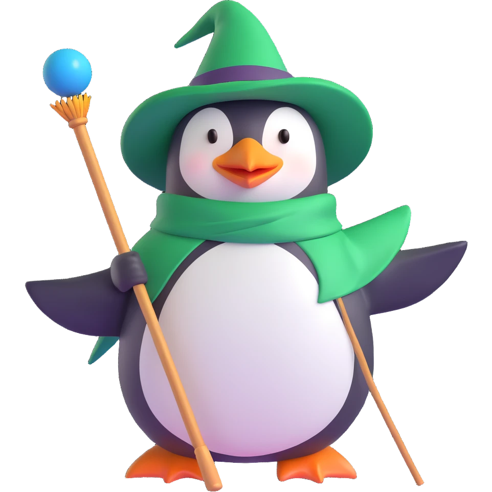 ios 3D style emoji of a penguin wizard with a green hat and wand, riding a broomstick emoji