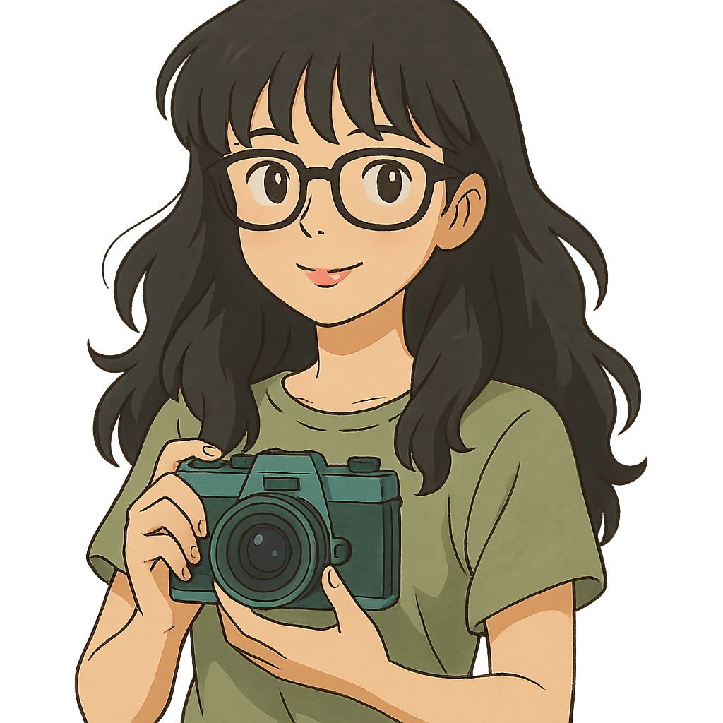 girl with long wavy black hair, bangs, black glasses, pink lip gloss, holding a teal camera, discreet smile, light moss green shirt, ghibli style emoji