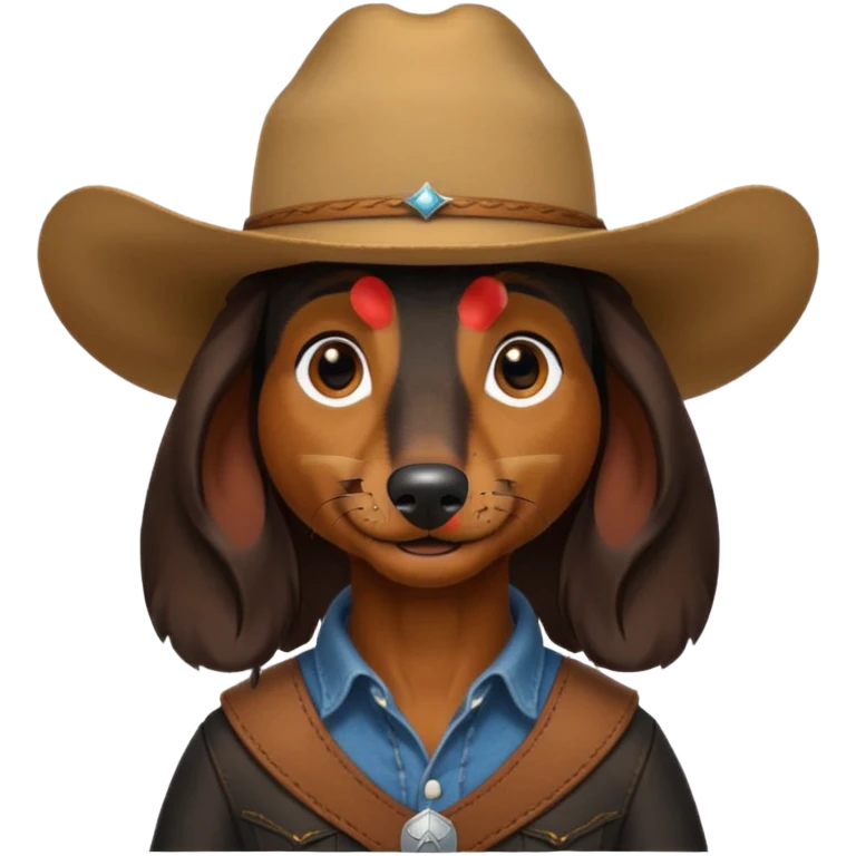 mostly black with some brown long hair daschund with a cowboy hat emoji