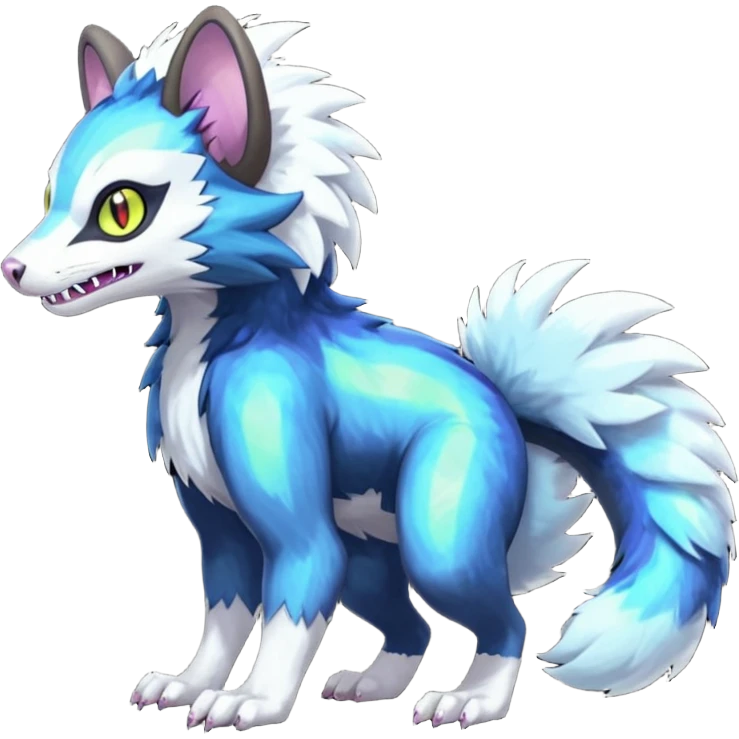 Colorful luminescent shiny iridescent glowing Trico-Luxray-Sergal-Furret-Ferret-Wolverine-Vernid-furry-fursona-fusion-Fakemon-animal-hybrid-creature, full body emoji