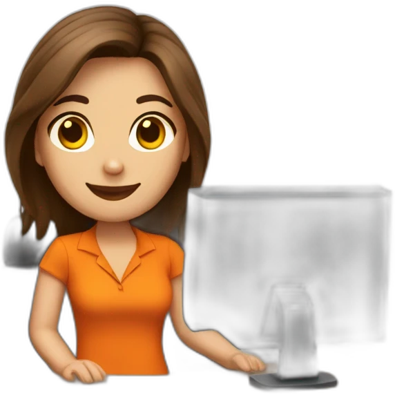 receptionist desk brown hair orange shirt emoji