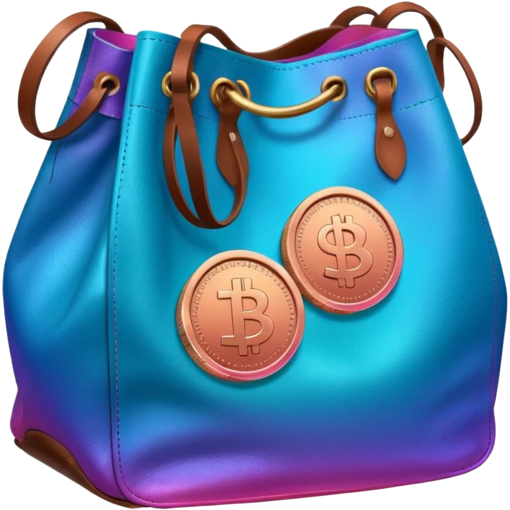 coins  pack in gradient of turquoise, blue, pink, purple, and coral color in leather bag emoji