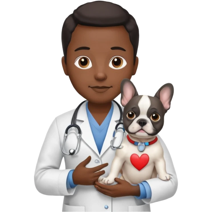 hombre médico que tenga un estetoscopio de color de tez negra que sostiene un bulldog francés blanco emoji