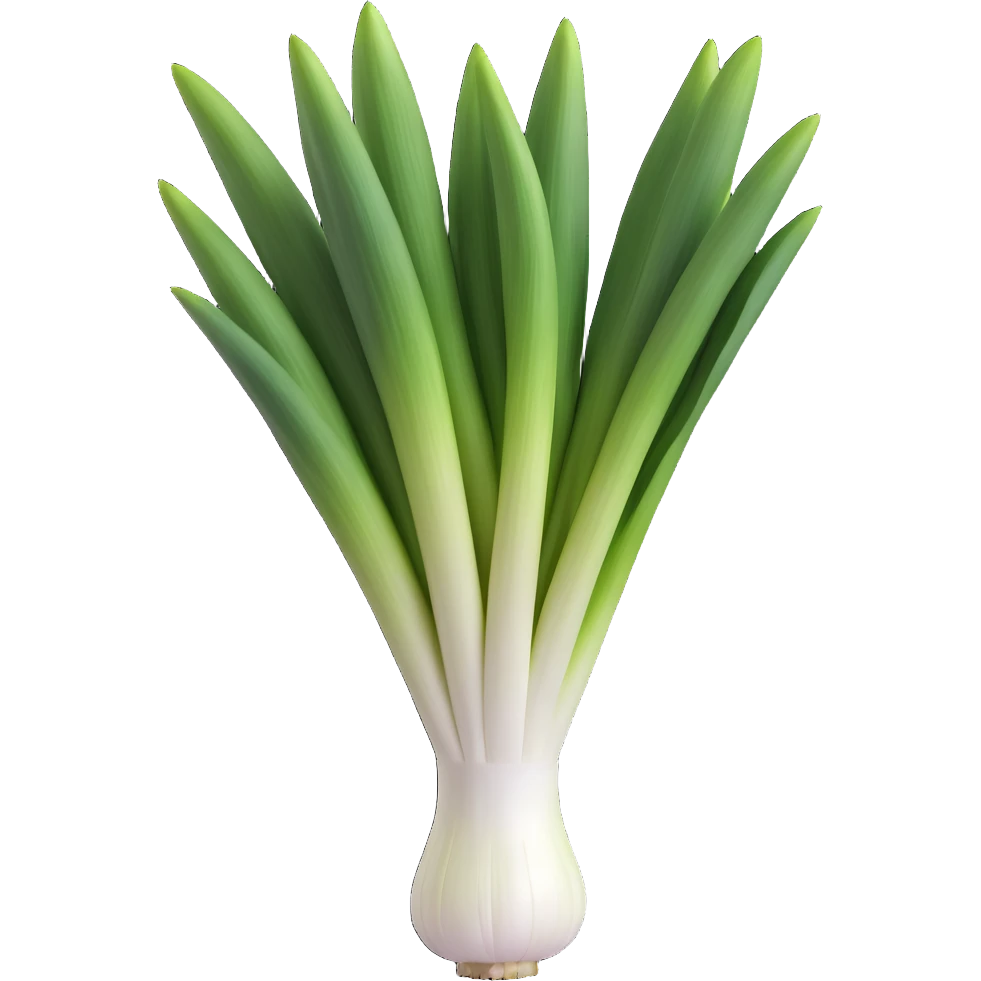 whole fresh leek with long white stalk transitioning to vibrant green leaves, slightly curved shape, layered leaf structure at the top, cleanly trimmed roots at the base, smooth matte surface, subtle color gradient from base to tip, no dirt, clean 3D rendering, soft lighting, emoji scale emoji