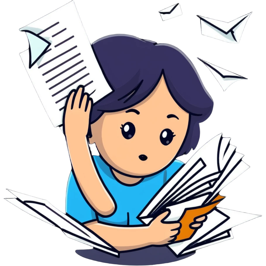 tired woman with flying papers around her emoji